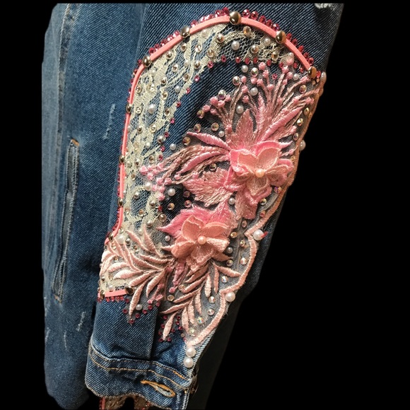 Pink Crystal Pearl Flower Embellished Distressed Jean Duster - Picture 10 of 14